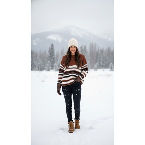 Elsamdna Athropologie Brown Striped Chunky Knit Sweater Size L - Picture 6 of 9